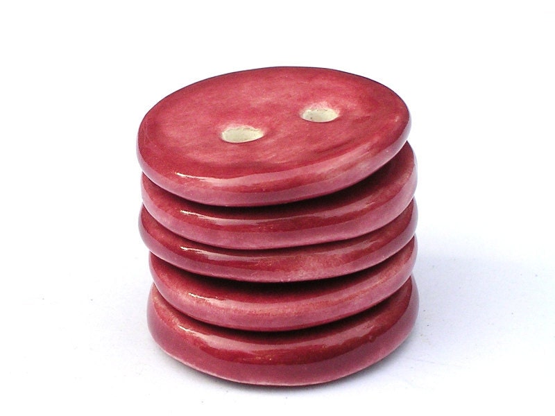 Cherry red ceramic buttons - set of 5 - handmade