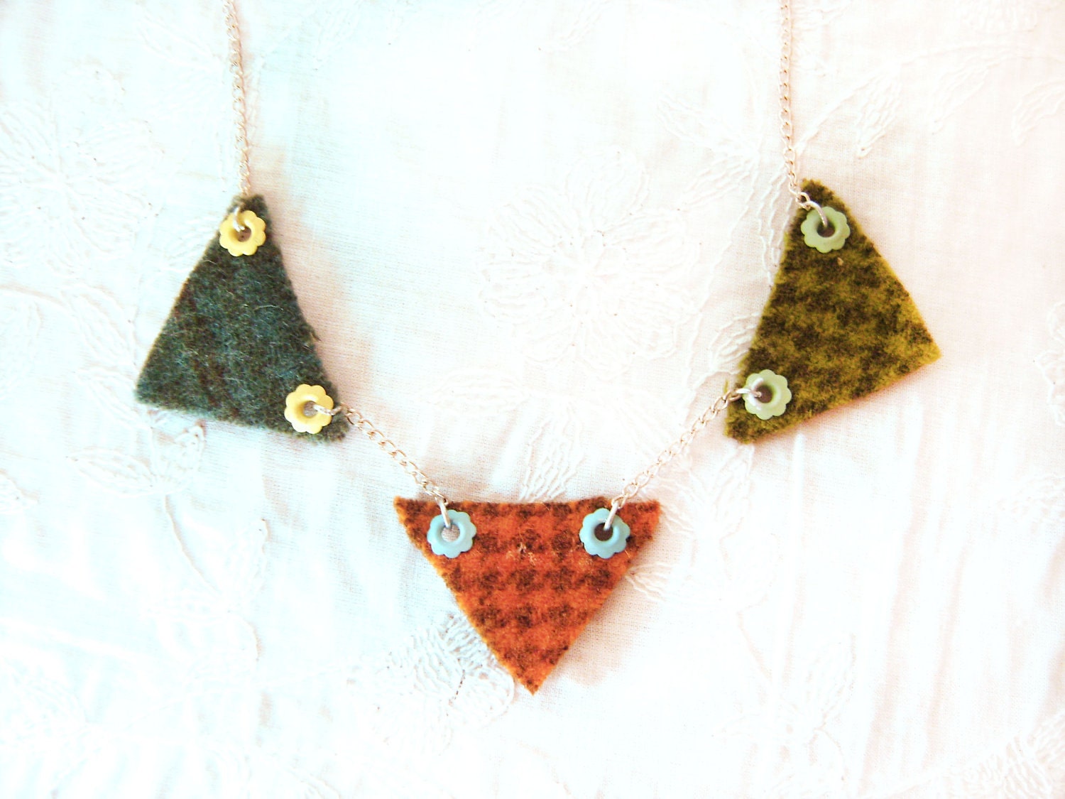 Triangle necklace geometric necklace - bunting necklace tangerine, ocean blue green houndstooth felt