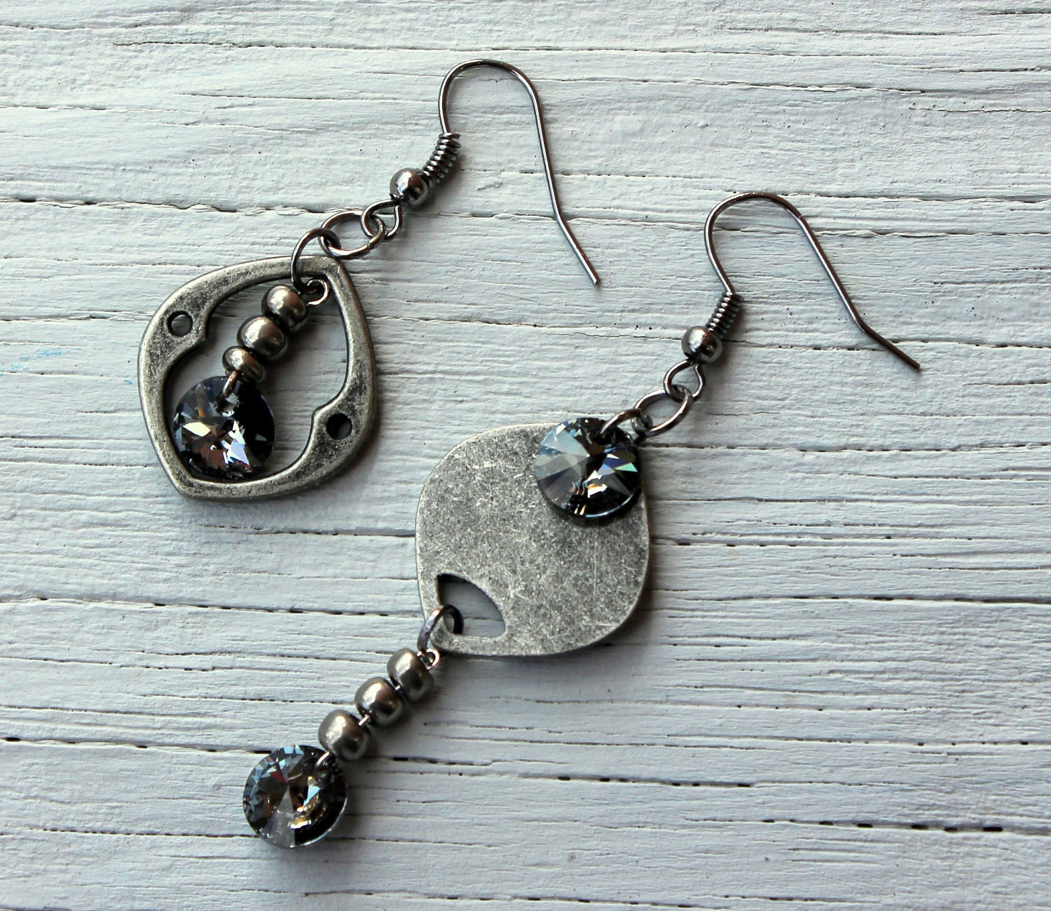 Asymmetrical Silver Earrings - Antiqued Silver Dangle Earrings with Sparkly Gray Black Crystal Discs Unique One of a Kind