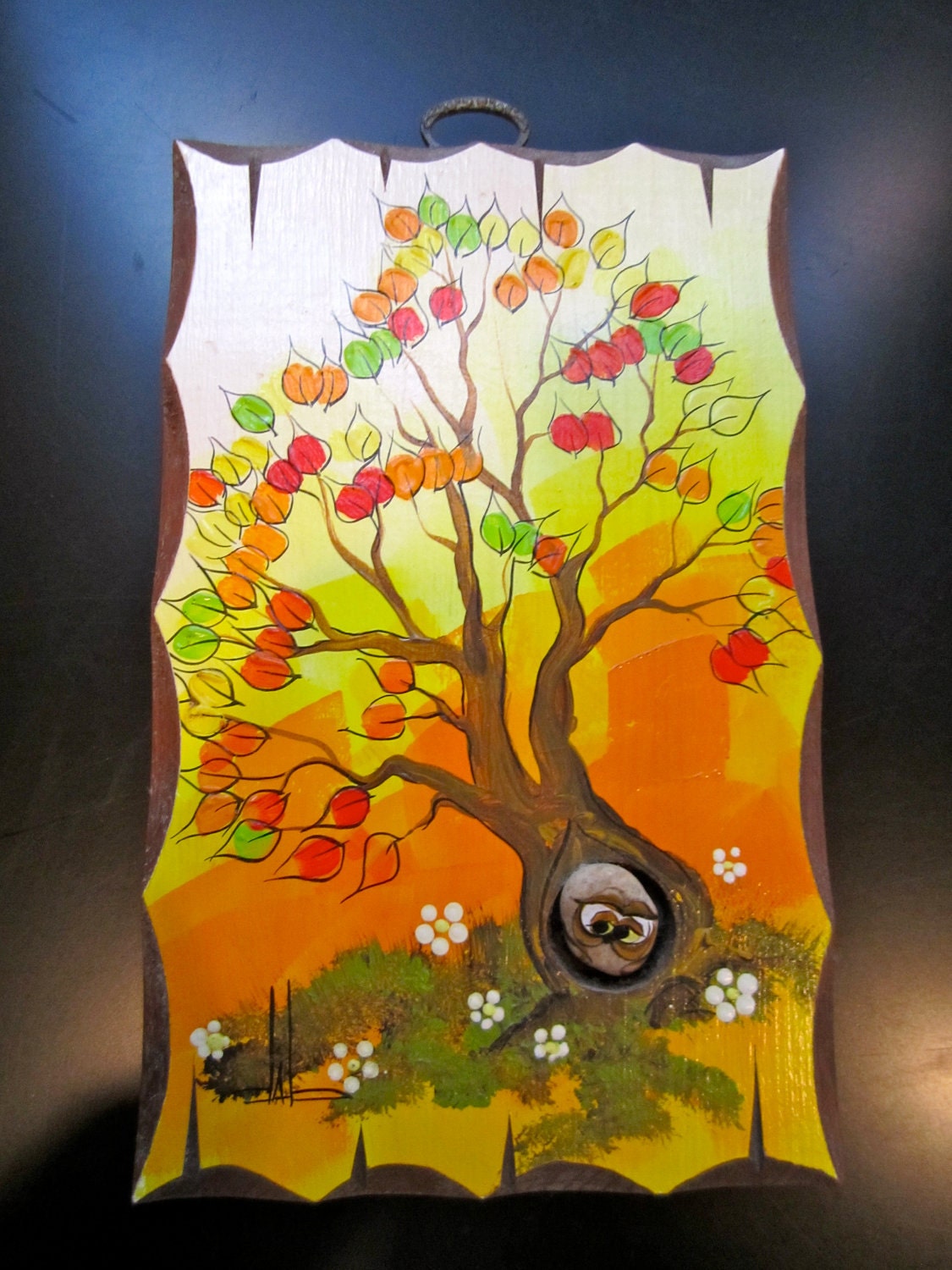 Kitschy  OWL Painting on  decorative  board with painted owl rock fall colors orange plaque