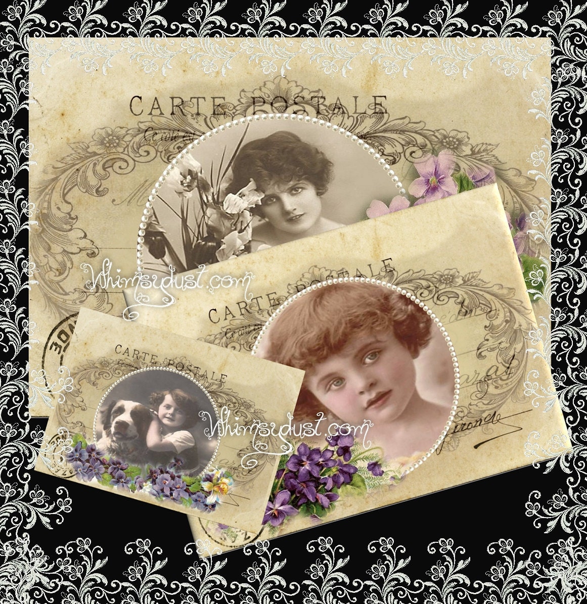 Digital collage sheet, vintage,  Postcard Pretties sheet  Four, instant download, French, scrapbook, decoupage, cards