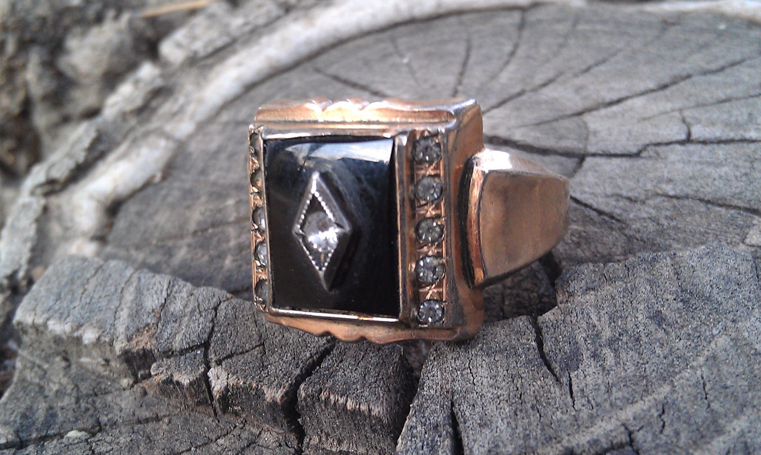 Mens Gold Filled Black Stone Ring with Rhinestone Accents Vintage Uncus