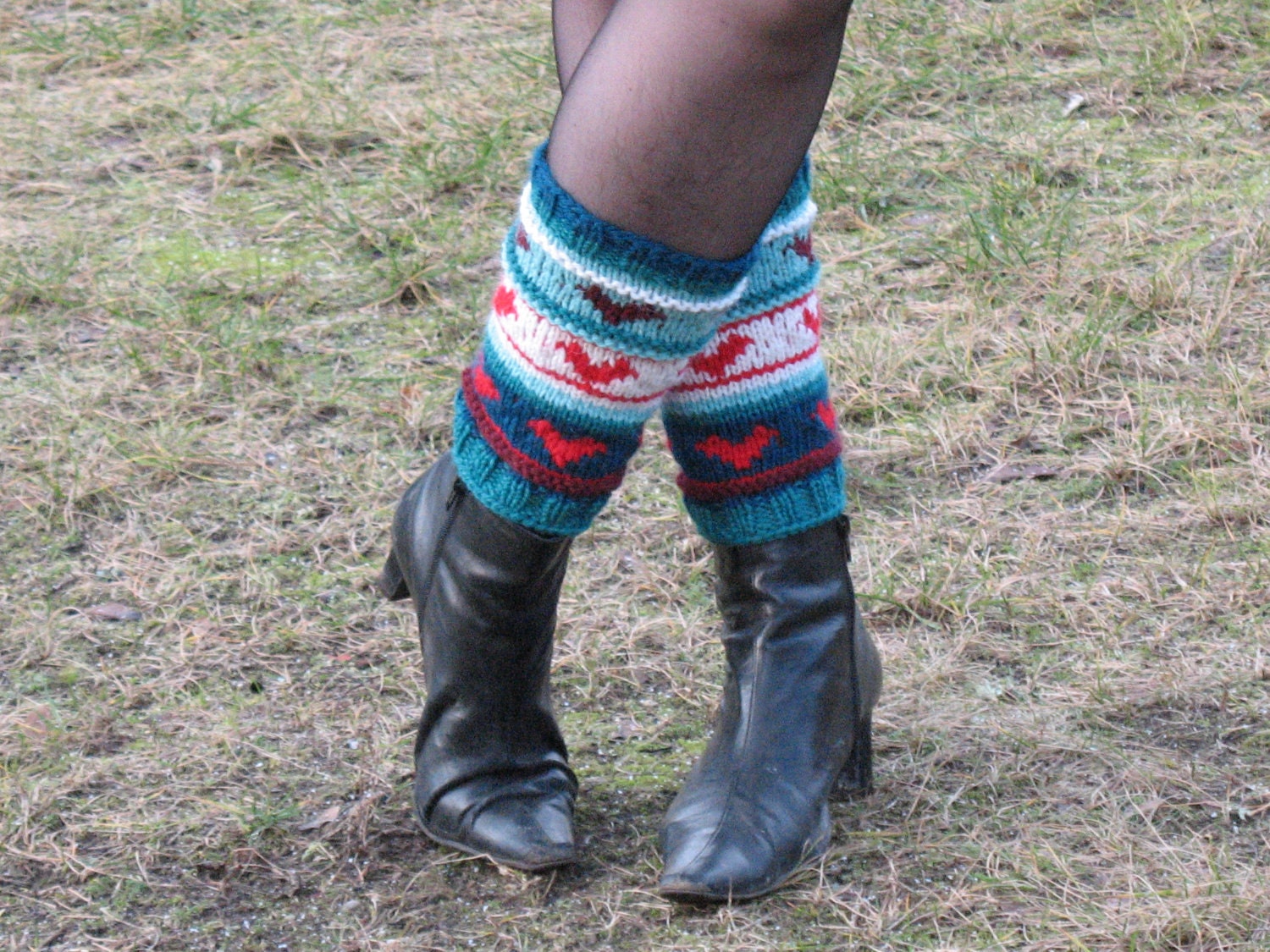 Leg Warmers  Heart Blue Green White Red Burgundy Striped with , Gaiters Hand knitted