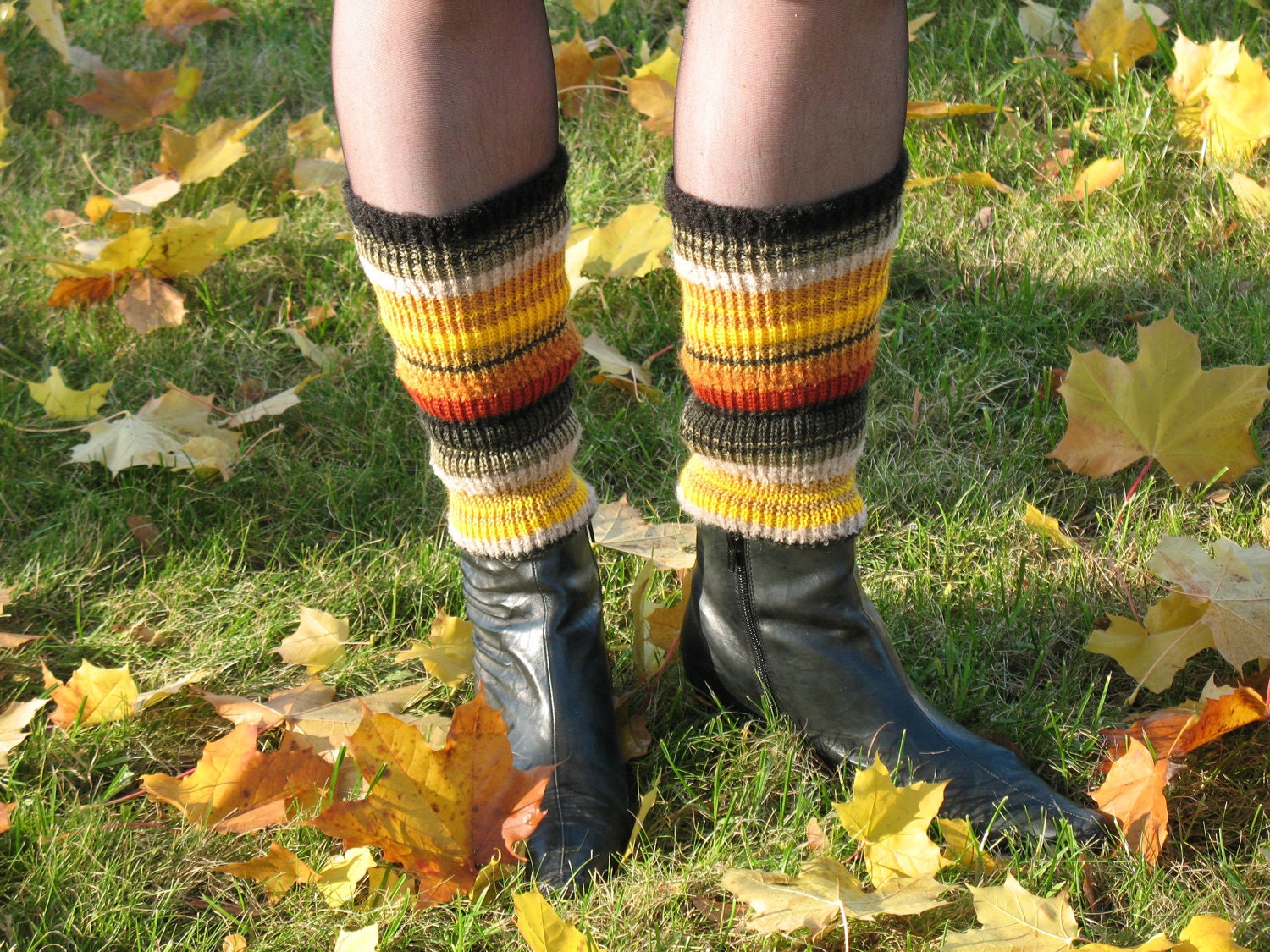 Boot Cuff Boot Toppers Leg Warmers Boot Socks Green Yellow Brown Brick Cable Striped Multicolored