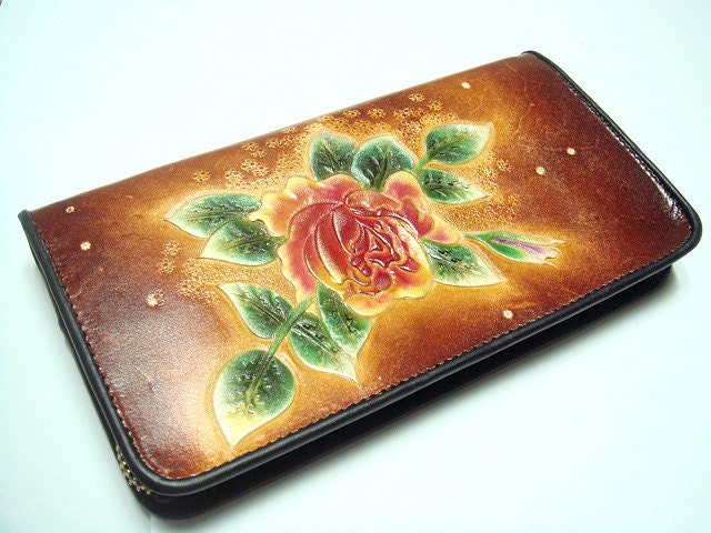 Handtooled Flower Women leather zipper purse ( Brown )
