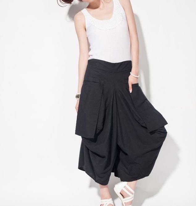 women linen Wide leg pants/ asymmetric Large pocket women trousers