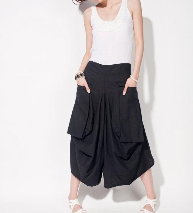 women linen Wide leg pants/ asymmetric Large pocket women trousers