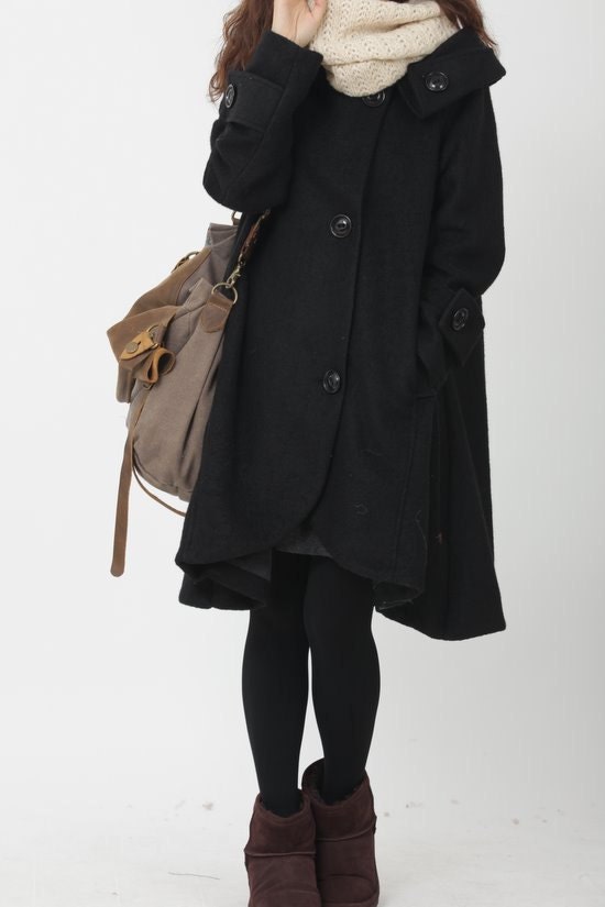 Black cloak wool coat Hooded Cape women Winter wool coat