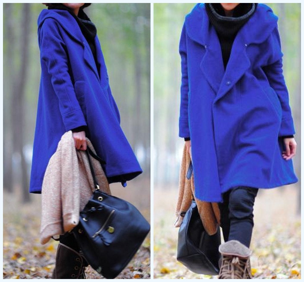 Blue Hoodie Wool cape winter coat