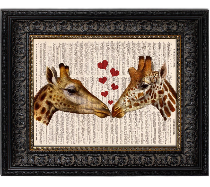 GIRAFFE LOVE art print mixed media art on vintage dictionary page or vintage background 8x10