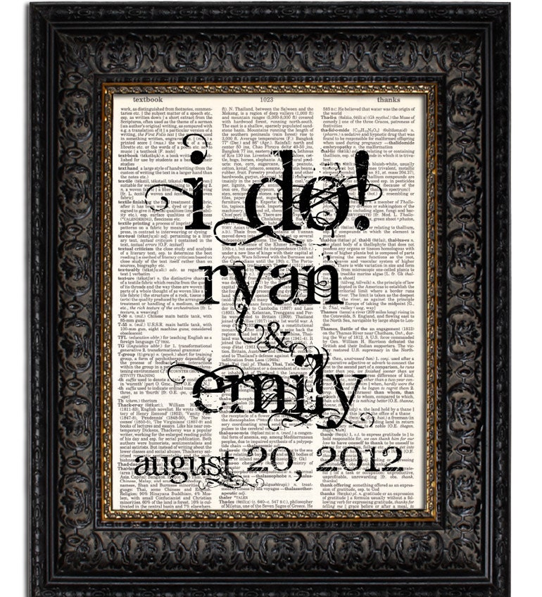 Wedding Table Decoration Custom Personalized I DO Vintage Art Print with Bride and Groom Names and Date 8x10 on Antique Dictionary Page