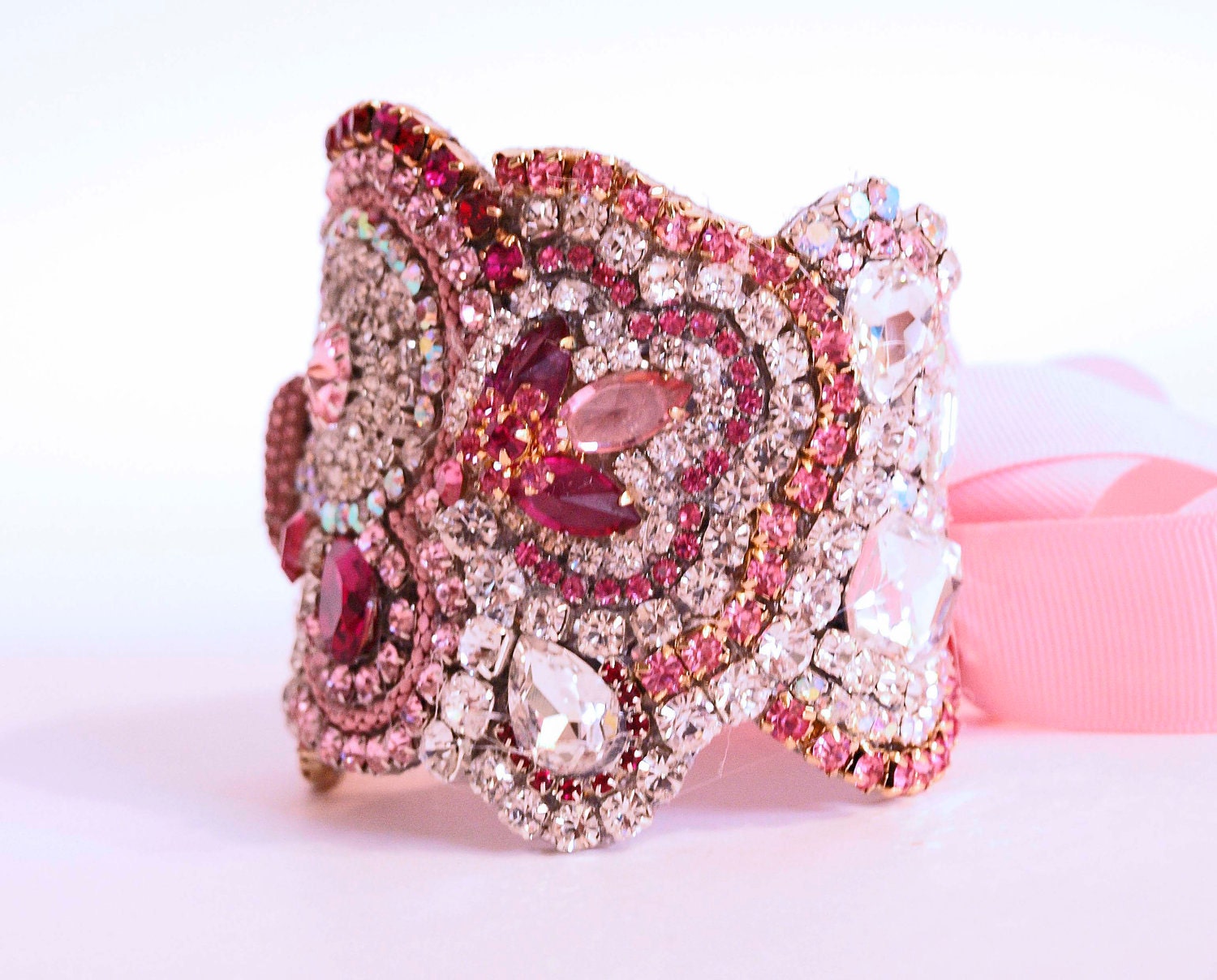 Sweethart  Pink Wedding Cuff with Ribbon Ties Or Clasp  We can also make it in your own Custom Colors
