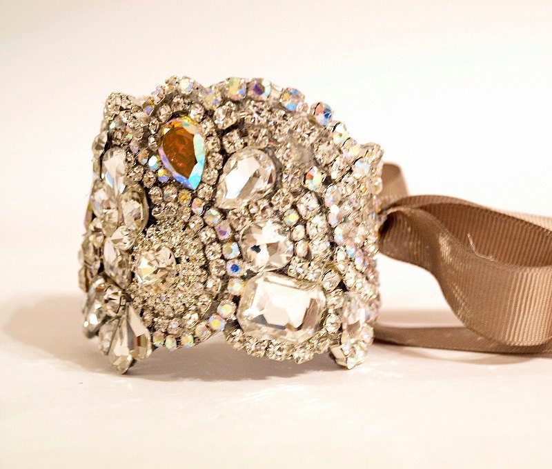 Crystal Cuff With Rhinestone Clasp or Ties