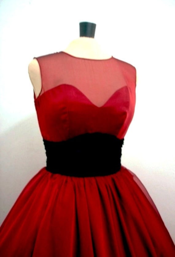 A 50s inspired ruby red chiffon rock ability Cocktail dress, With sweetheart neckline