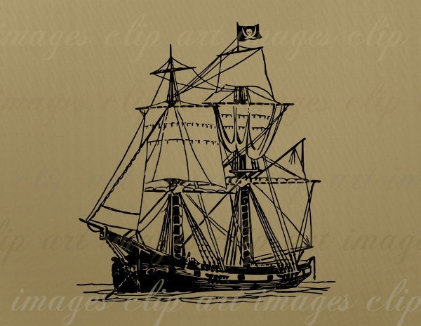 Pirate Ship Clip Art, Pirate Graphic, Royalty Free, Commercial Use Vintage Image, Design Element, Digital Stamp