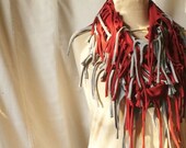 Fringe Scarf Grey Red Upcycled Woman's Clothing Shreded Necklace Funky Eco Tattered Style Shabby Chic Eco Friendly Style Upcycled Clothing