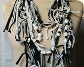 Long Necklace Black and White Fiber Art Mess Eco Funky Tattered Upcycled Woman's Clothing Shabby Chic Eco Friendly Style Upcycled Clothing
