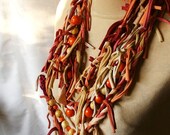 Long Necklace Fringe Orange Beige Pink Red Upcycled Woman's Clothing Funky Tattered Shabby Chic Eco Friendly Style Upcycled Clothing