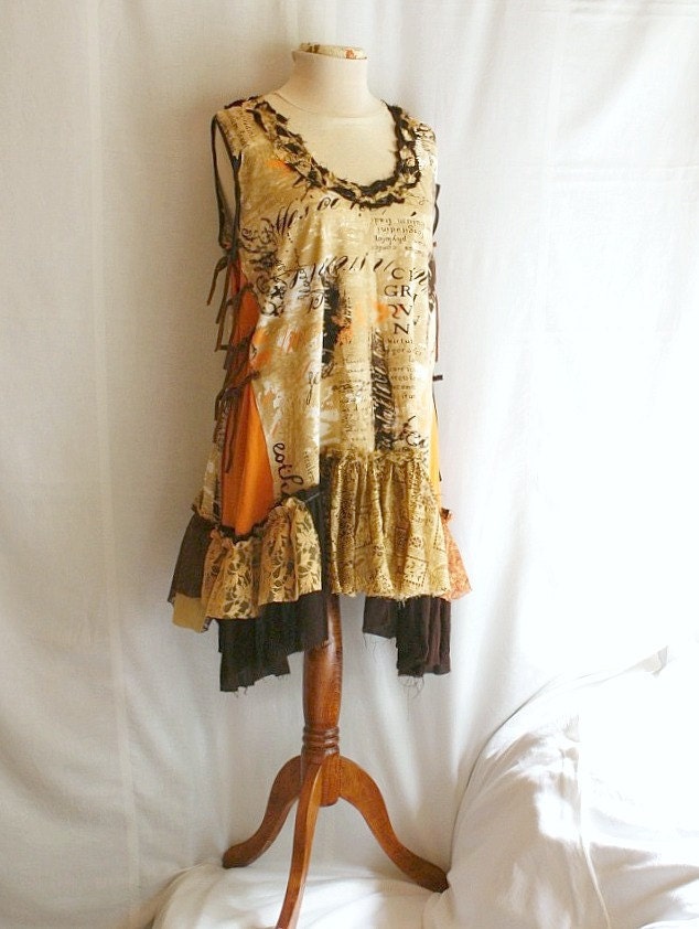 Coffee Orange Tattered Dress Size L XL Large XLarge Upcycled Woman's Tunic Schabby Chic Fairy Romantic Funky Style Upcycled Clothing