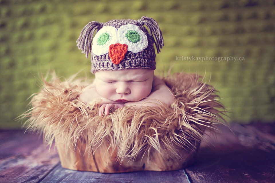 Crochet Baby Owl Hat 0-3 and 3-6 months
