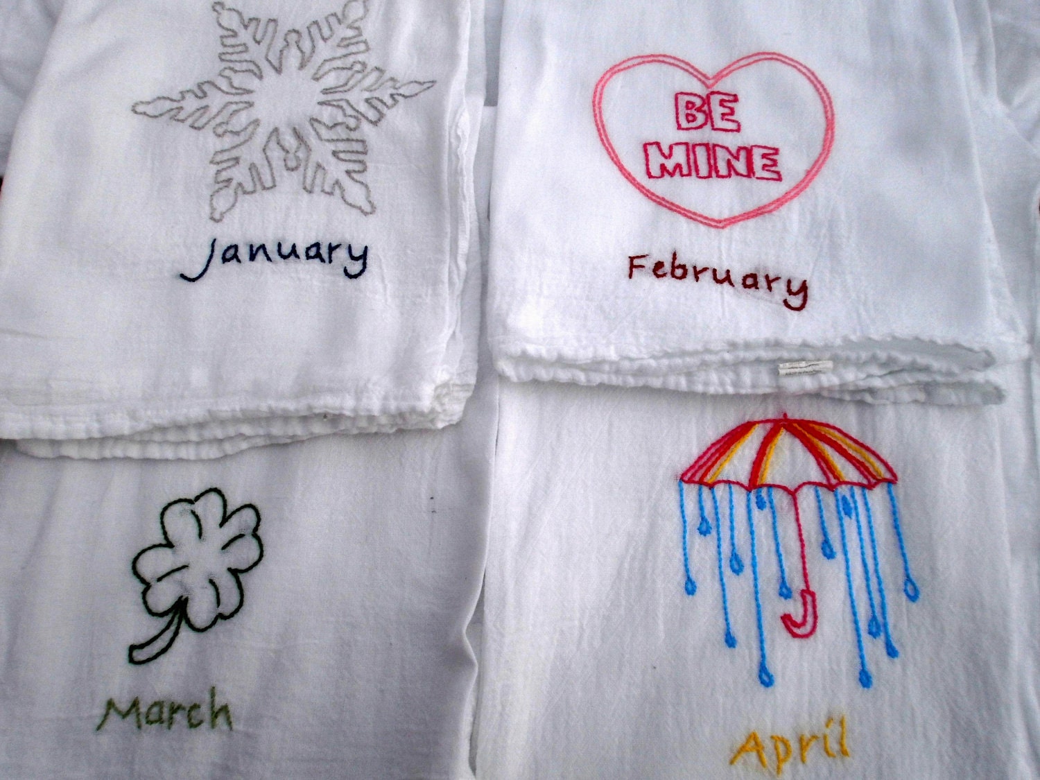 Set Of 12 Months Holidays Hand Embroidered Dish Towels by katiez84