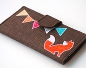 Fox Wallet Bifold, Handmade Applique Women's Clutch, Vegan Wallet, Brown, Bunting , Made to Order