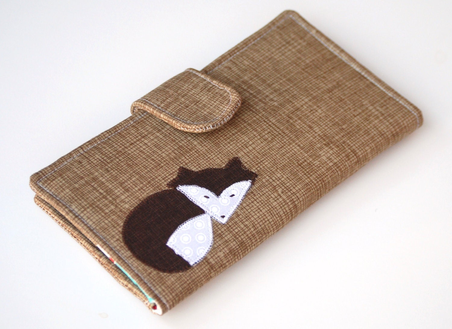 Fox Wallet Bifold, Organic Fabric Clutch, Vegan Wallet khaki, teal, white, Made To Order