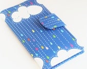 Rainbow Wallet, Women's Clutch, Bifold Vegan Wallet, Clouds and Raindrops, Blue and Pink - Made to Order