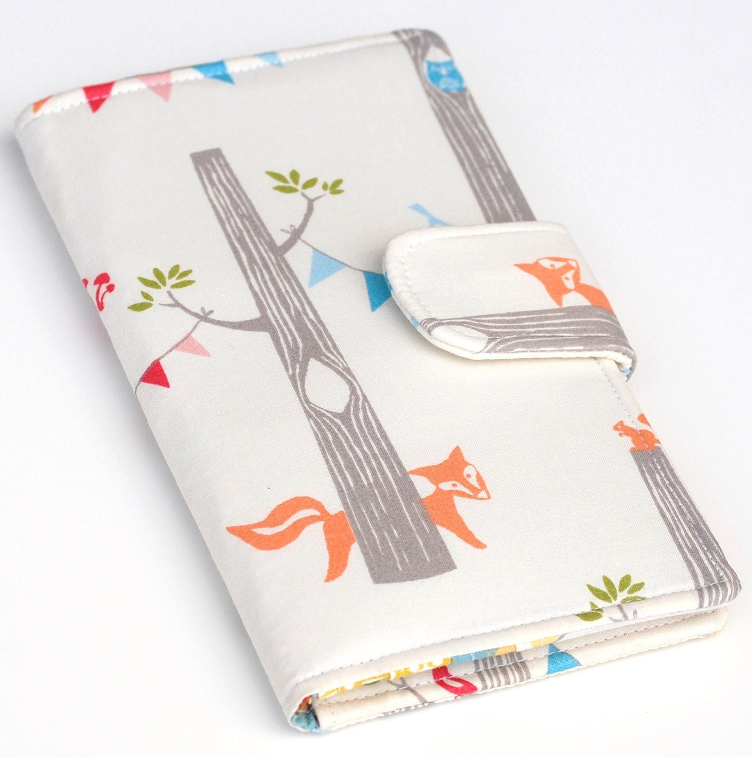 Fox Wallet Bifold, Organic Fabric Woodland Party , Vegan Wallet Blue, Yellow, Grey, Made to Order