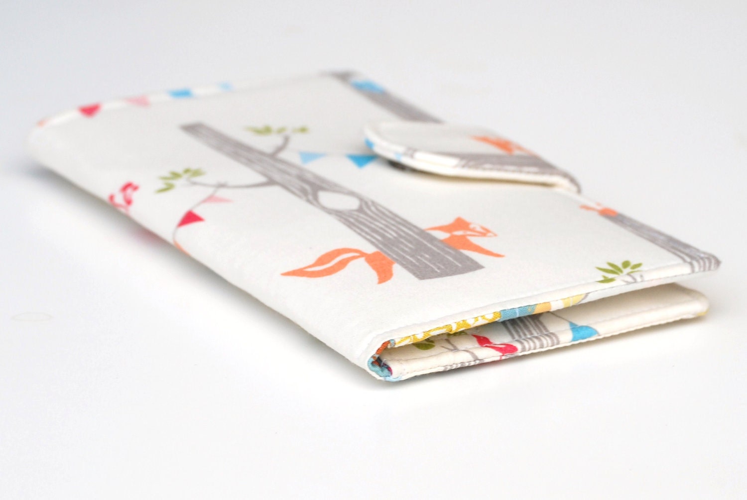 Fox Wallet Bifold, Organic Fabric Woodland Party , Vegan Wallet Blue, Yellow, Grey, Made to Order