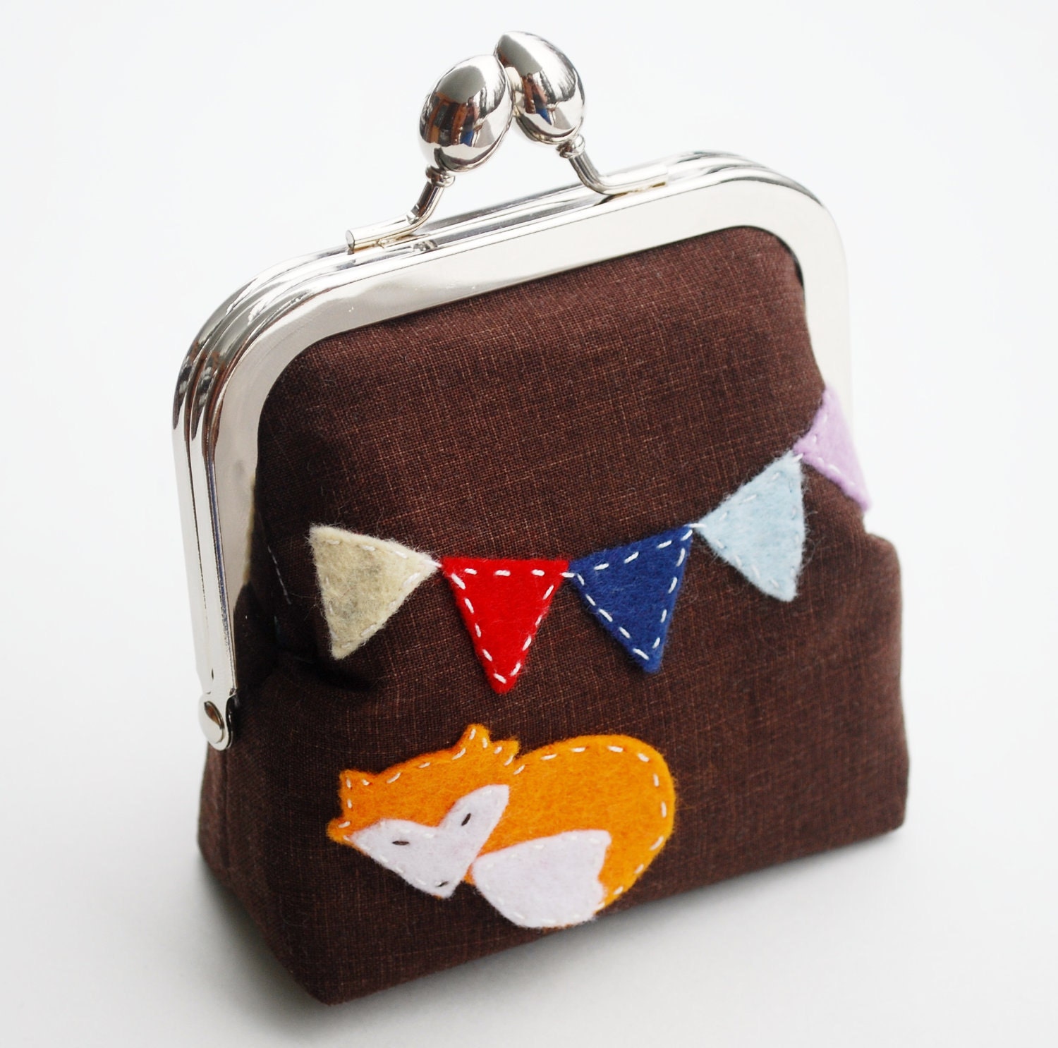 Fox Purse, Rainbow Bunting, Small Hand Sewn Wool Felt Applique Coin Pouch in Dark Brown - MADE to Order