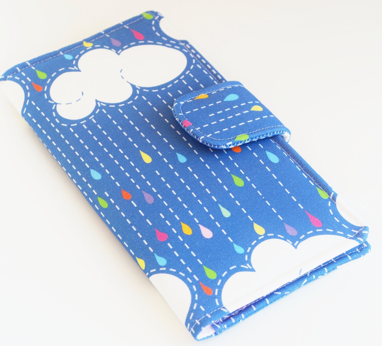 Rainbow Wallet, Women's Clutch, Bifold Vegan Wallet, Clouds and Raindrops, Blue and Pink - Made to Order