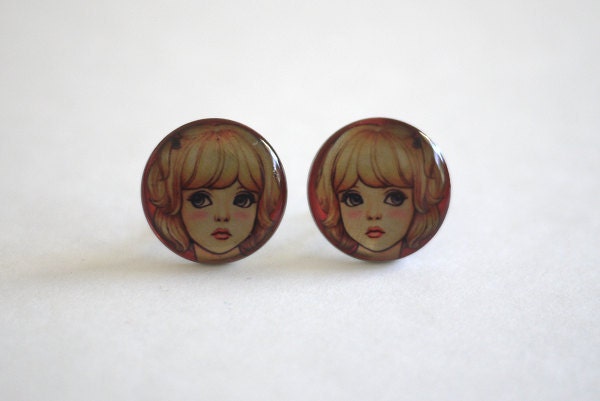 Funky Pop Art Enameled Brushed Metal Doll Face Earrings