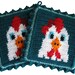 Chicken Pot Holders. Crochet potholders with white roosters.