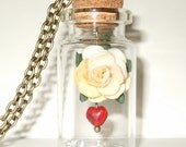 Bottle Necklace Cream Paper Rose Flower Pendant Red Glass Heart Jewelry Valentines Jewelry