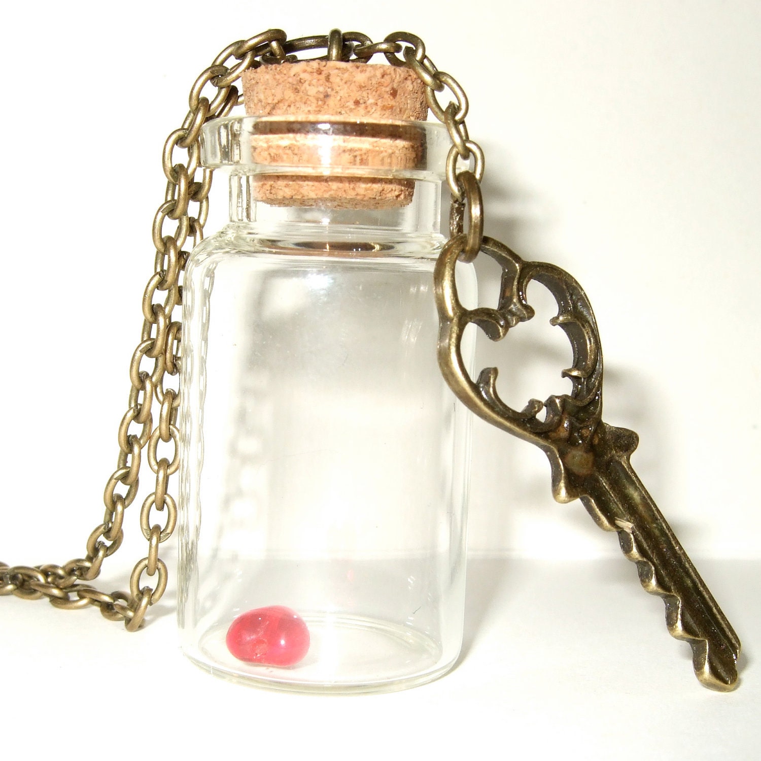 Key Necklace, Heart in a Bottle, Key to my Heart, Glass Bottle Necklace, Key Pendant, Red Glass Heart Valentines Jewelry