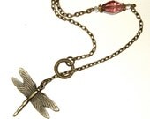 Dragonfly Necklace Y Lariat Charm Pendant Vintage Purple Beads