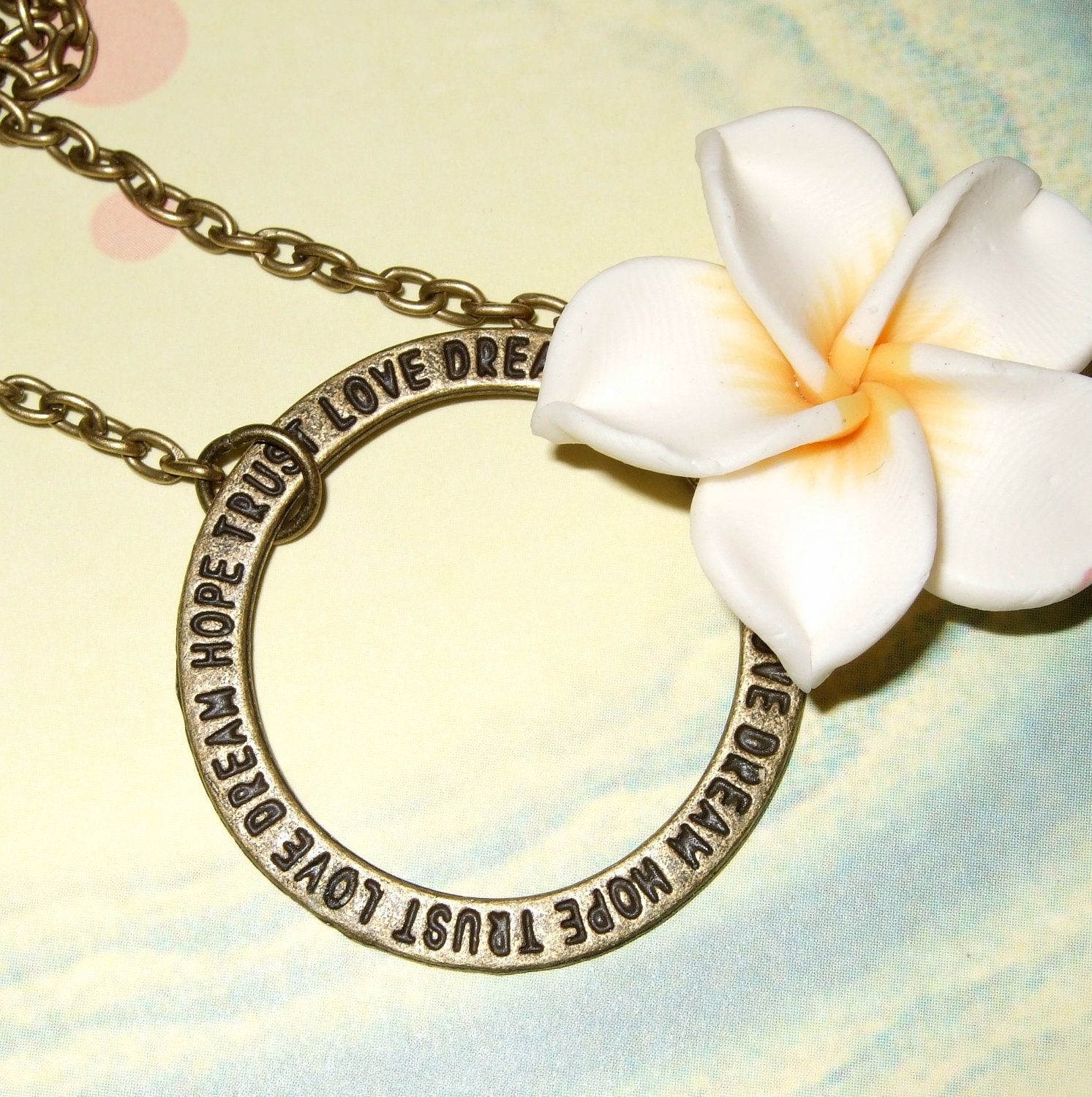 Polymer Clay Flower Necklace Words Inspiration Pendant Cream Flower Hope Love Dream Trust