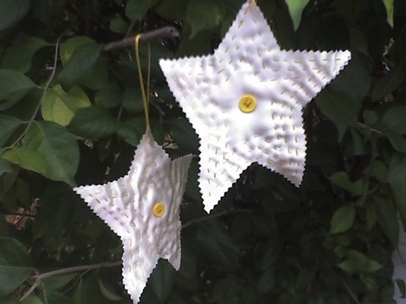 Christmas Star Ornaments Quilted Satin  Set of 2 Ivory and Yellow