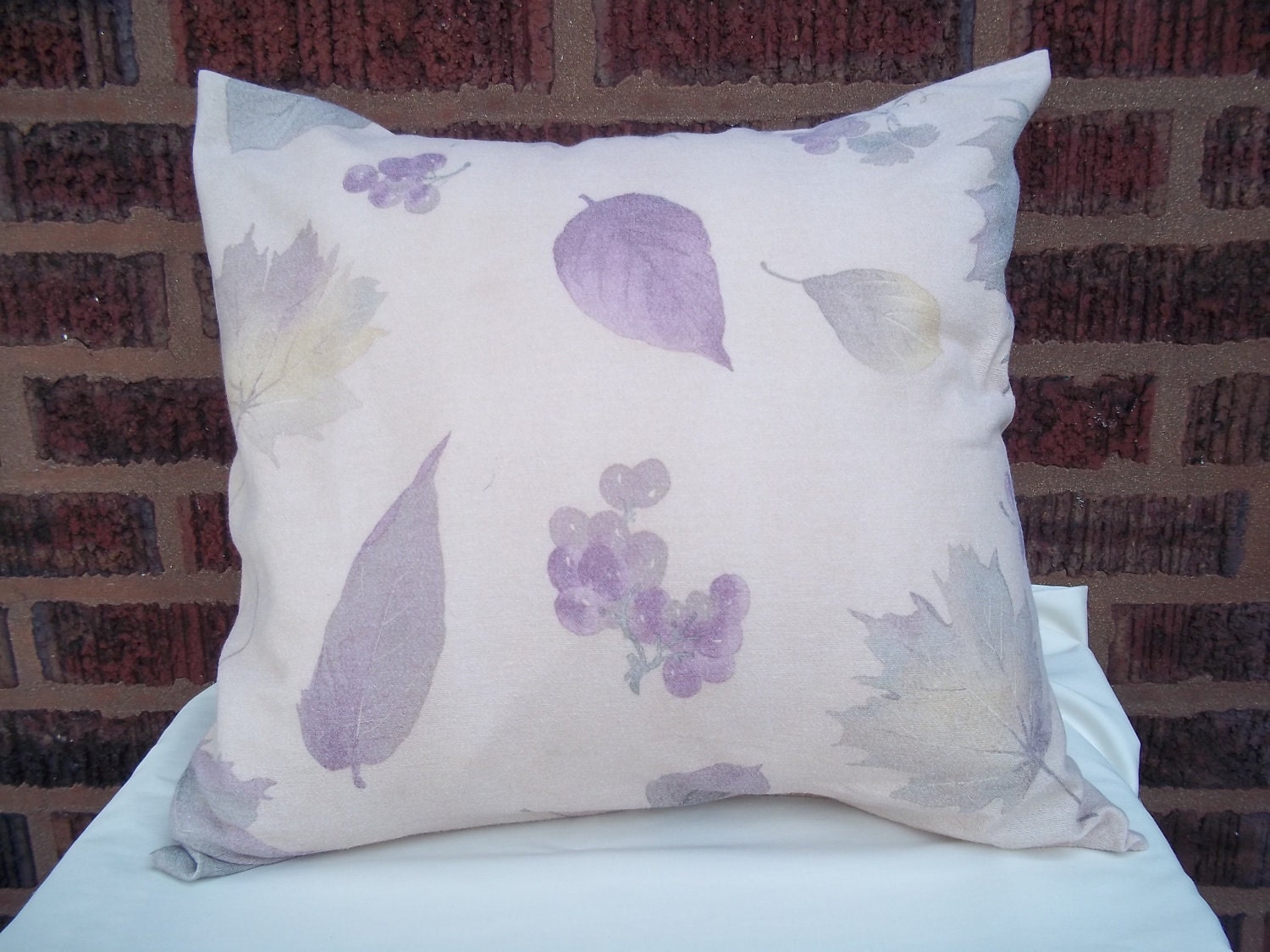 Tan Upcycled Pillow Cover 18 Inch Square Leaves and Grapes