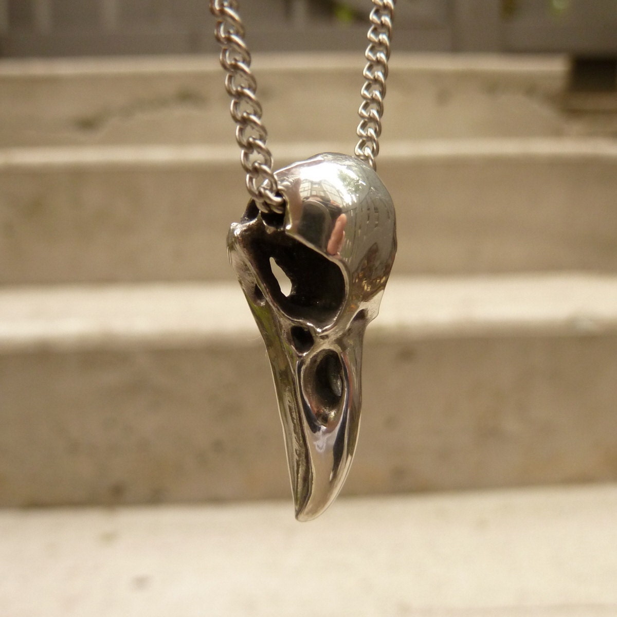 Small Raven Skull Pendant Necklace in Polished Pewter on Stainless Steel Chain