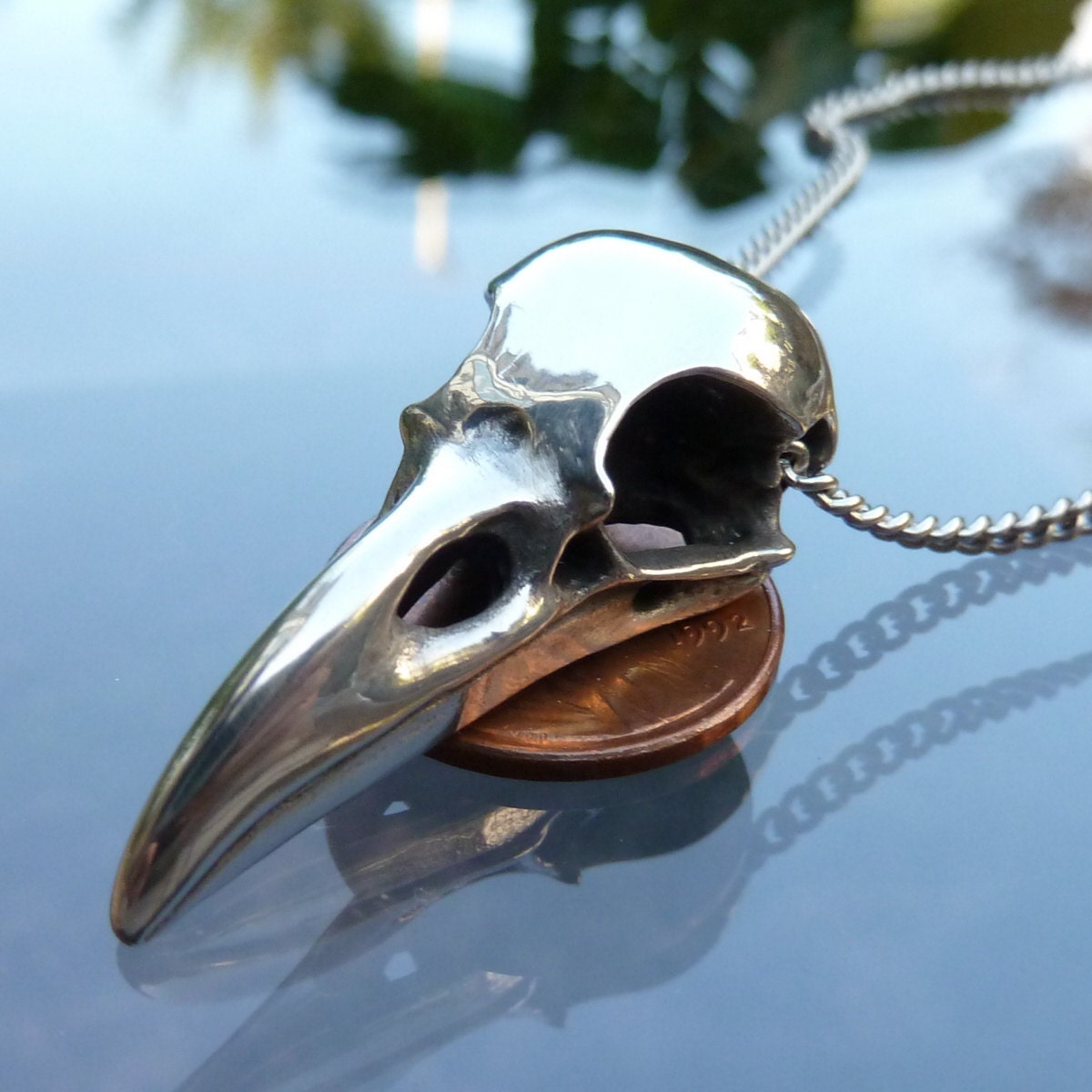 Raven Skull Necklace in Polished Pewter