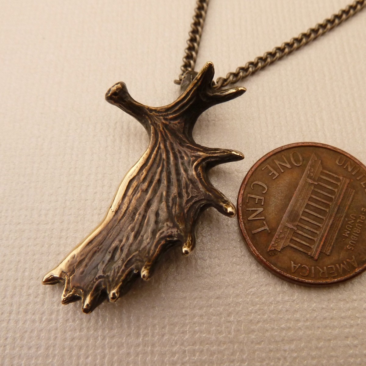 Moose Antler Pendant Necklace Cast in Solid Bronze on Oxidized Silver Chain