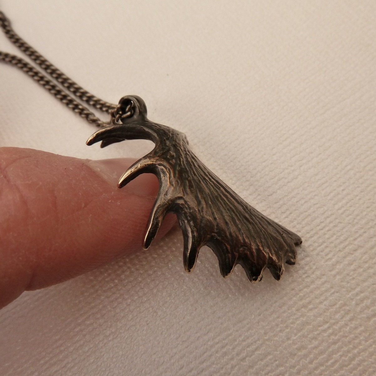 Moose Antler Pendant Necklace Cast in Solid Bronze on Oxidized Silver Chain