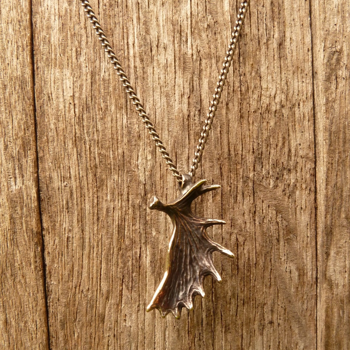 Moose Antler Pendant Necklace Cast in Solid Bronze on Oxidized Silver Chain