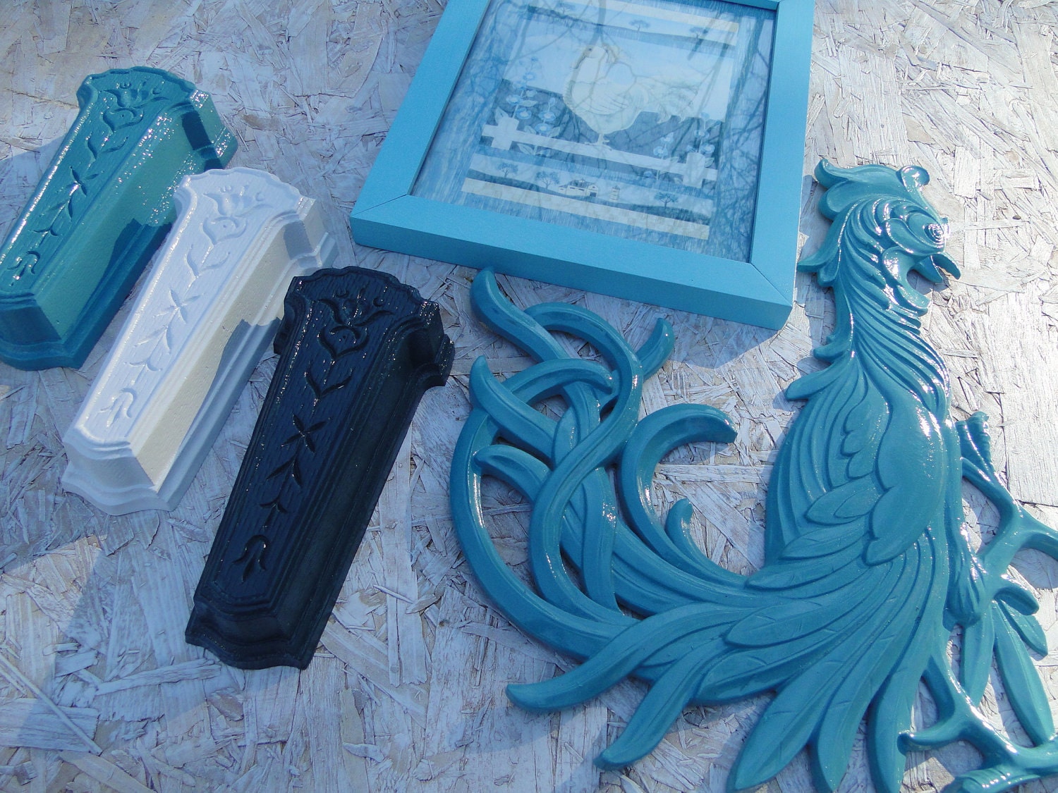 Frame set collection gallery wall t eal turquoise white "Aqua Rooster