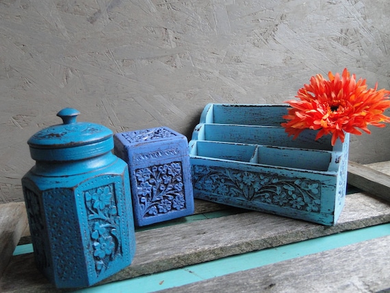 Wooden Desk Organizer Set carved flower detail by TRWpainted