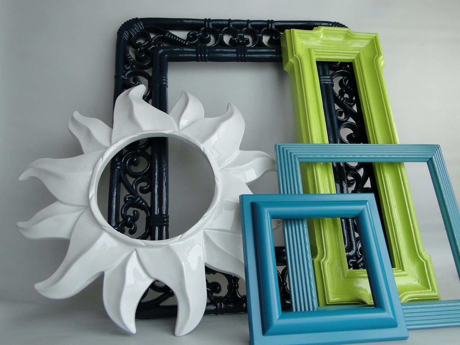 Frame mirror set collection gallery wall teal turquoise lime green white "Dew Drop II"
