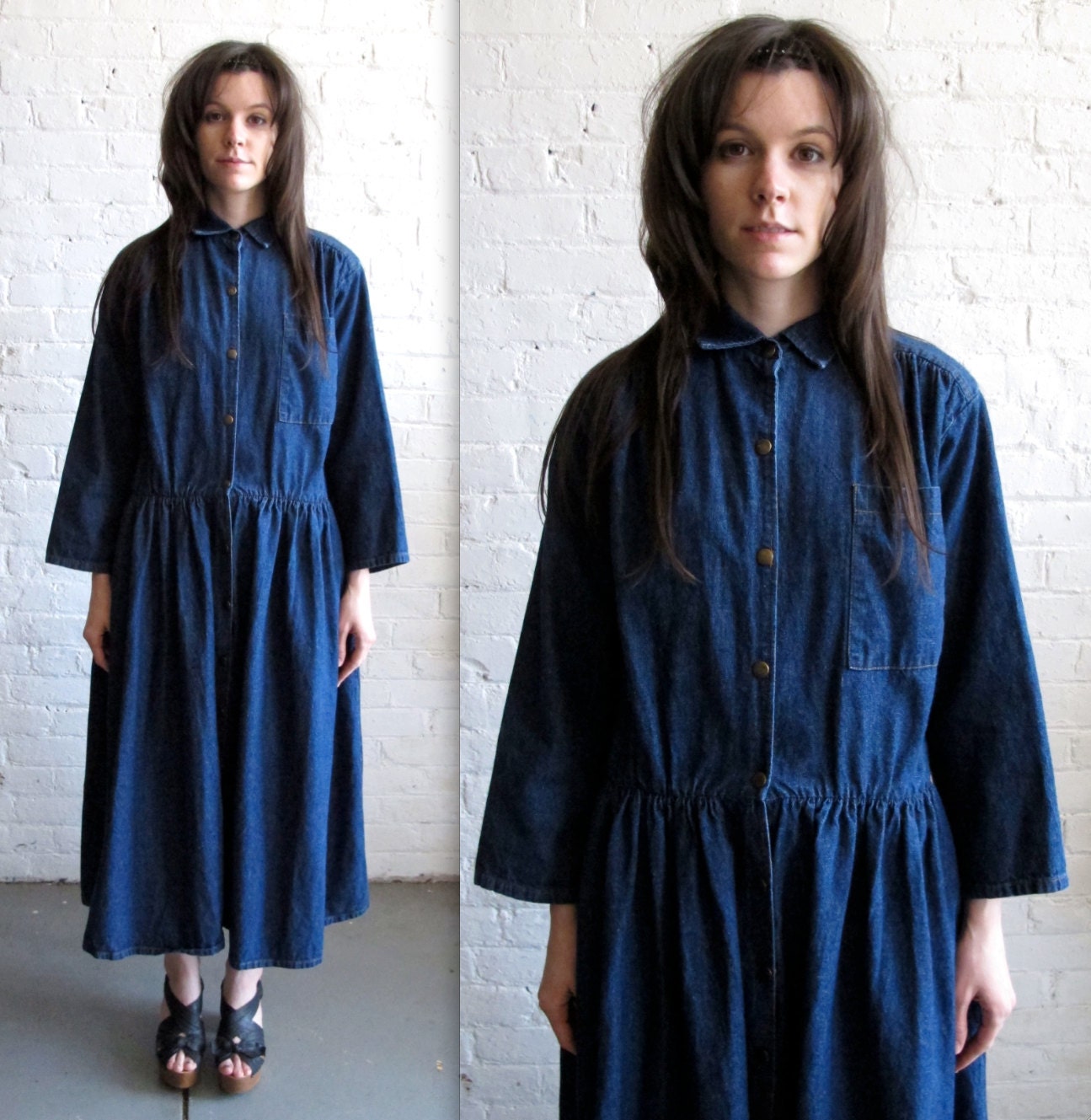 Vtg Dark Blue Denim Shirt Dress / Oversized Button Down Jean Skirt Dress