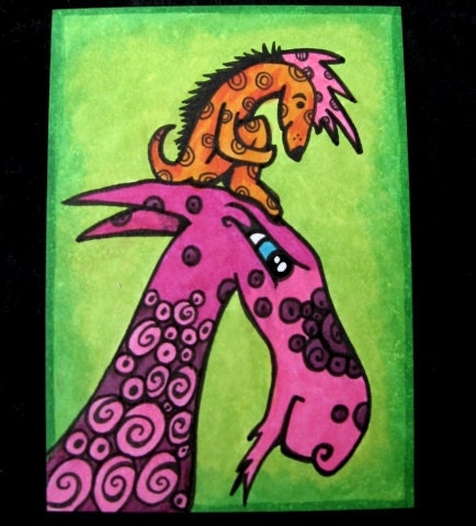 Original ACEO OOAK Bright Beasts on Green